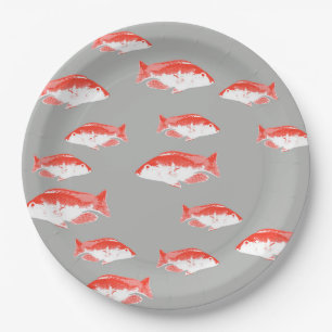 Prato De Papel Peixes vermelhos e cinzas