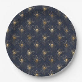 Prato De Papel Penas de Pavão Azul Marinho Dourado Estilo Impress
