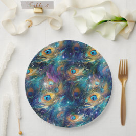 Prato De Papel Penas de Pavão Pintadas Azul Aqua