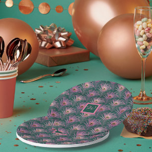 Prato De Papel Penas de Pavão Rosa e Monograma em Verde Profundo