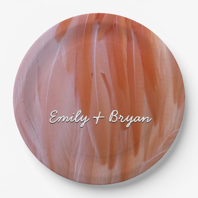 Prato De Papel Penas Flamingo em tons de rosa (Frente)