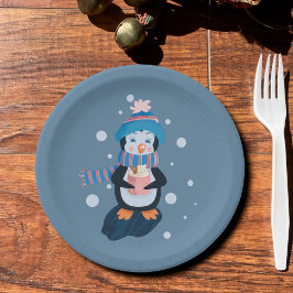 Prato De Papel Penguin with Hot Cocoa Blue Holiday Paper Plate