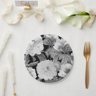 Prato De Papel Peões Pretos e Brancos Aquarela Floral