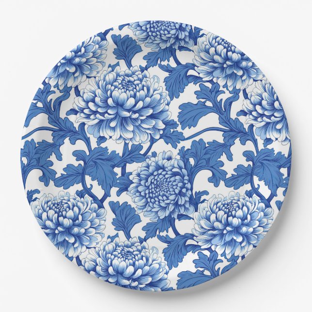 Prato De Papel Peônia Floral Azul e Branco Chinoiserie (Frente)