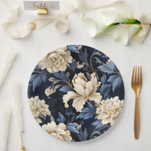 Prato De Papel Peônia Floral Azul e Creme