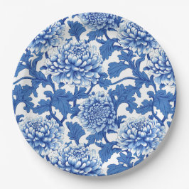 Prato De Papel Peônia Floral Chinesa Azul e Branco