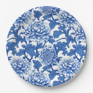Prato De Papel Peônia Floral Chinesa Azul e Branco