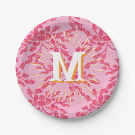 Prato De Papel Peônia Sinuosa Xilogravura Rosa + Laranja Personal