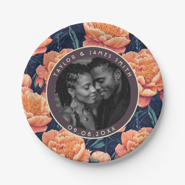 Prato De Papel Peonies Elegantes Placas Para Festa de noivado (Frente)