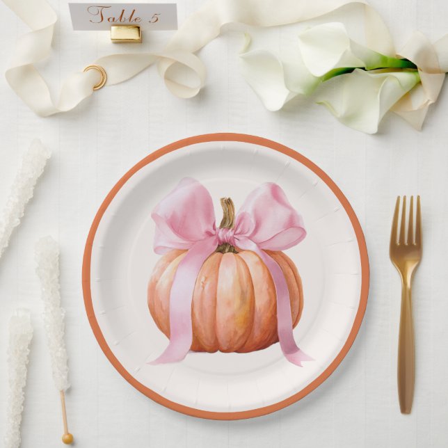 Prato De Papel Pequena Abóbora com Laço Rosa – Chá de Bebê  (Casamento)