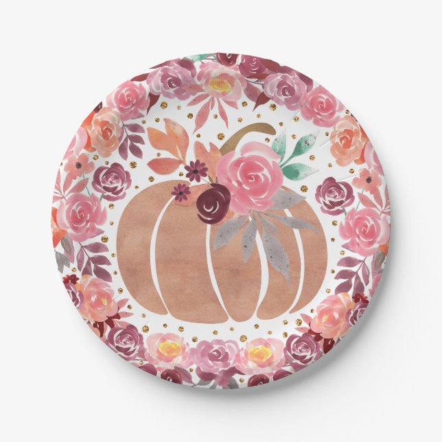 Prato de Papel Pequena Abóbora Floral Boho Rosa (Frente)