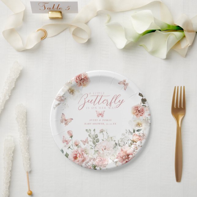 Prato De Papel Pequena Borboleta Rosa Floral Chá (Casamento)