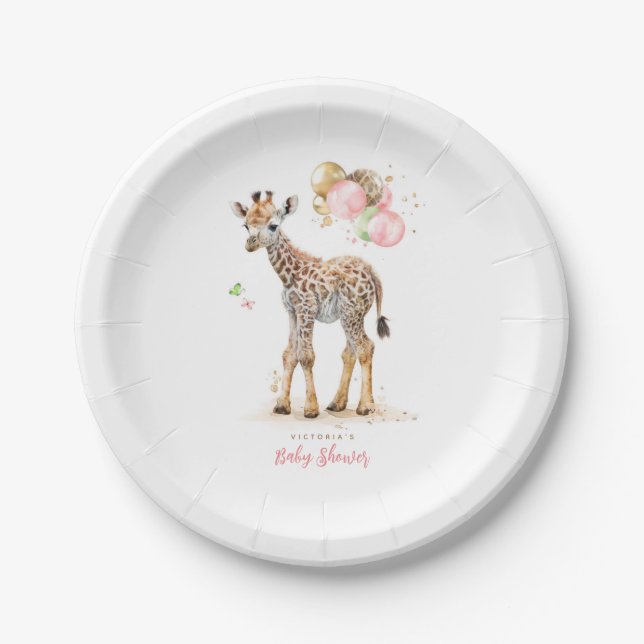 Prato De Papel Pequena Girafa Moderna Boho Rosa Castanho (Frente)