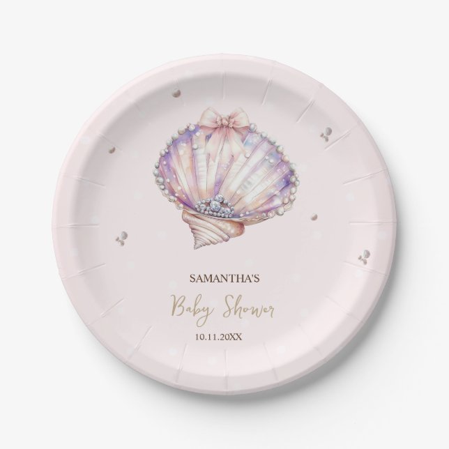 Prato De Papel Pequenas Pérolas Conchas Diamantes Pontos Chás de  (Frente)