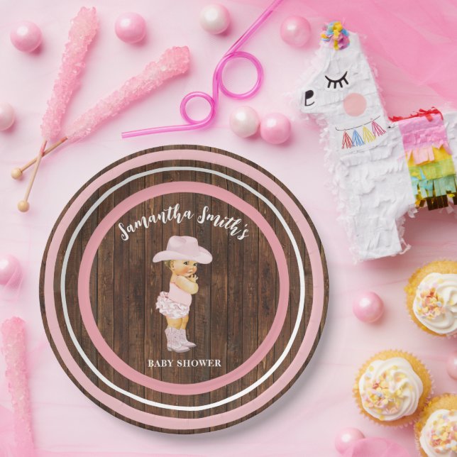 Prato De Papel Pequeno Bebê - Chá de fraldas Rosa Ocidental (Festa)