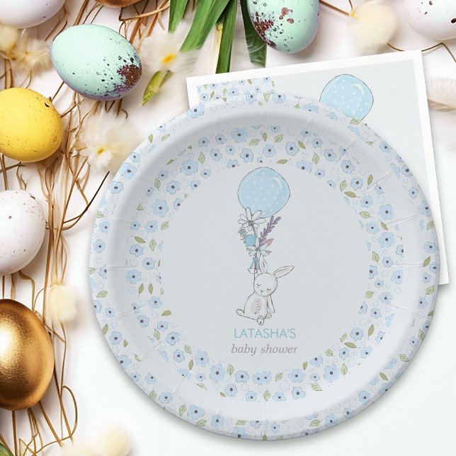 Prato De Papel Pequeno Chá de fraldas Bunny e Balão Blue Boy (Boy Baby Shower Plates from my Little Bunny & Balloon Baby Shower collection)