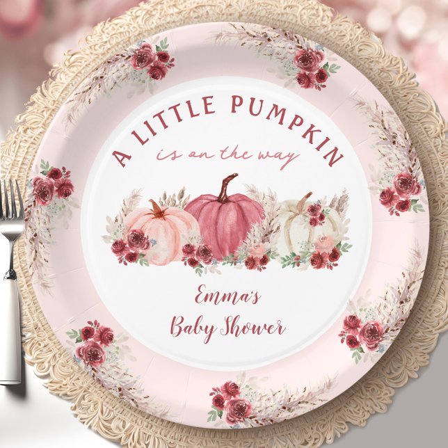 Prato De Papel Pequeno Chá de fraldas de Bompkin Marsala Fall Gir (Little Pumpkin Marsala Fall Girl Baby Shower Pink Paper Plates)