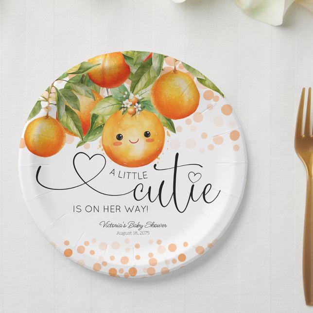 Prato De Papel Pequeno Chá de fraldas de Citros de Laranja Cutie (Little cutie baby shower paper plates with adorable little face. You can add text to personalize.)