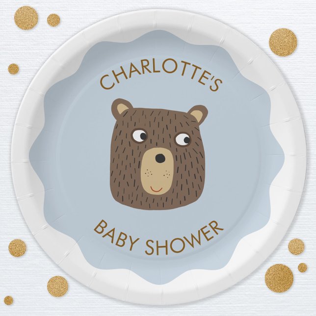 Prato De Papel Pequeno Chá de fraldas de Cubo de Urso Personaliza (Adorable little teddy bear cub personalized baby shower party paper plates)