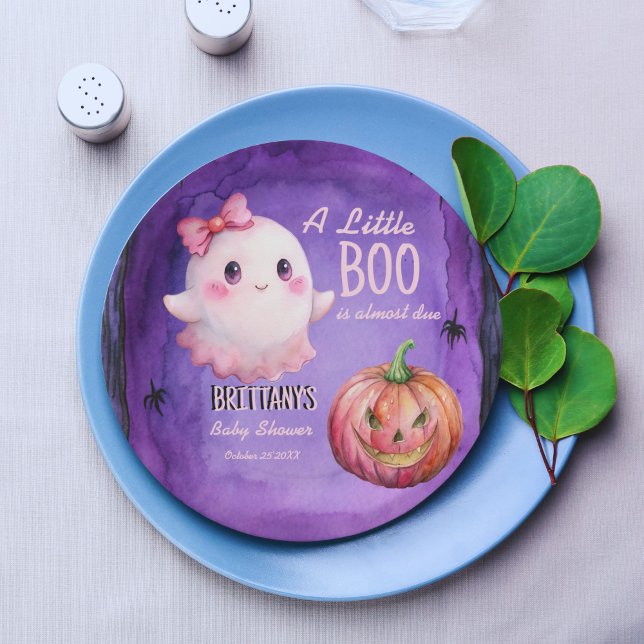Prato De Papel Pequeno chá de fraldas de fantasma rosa (Little boo pink cute ghost jack o lantern purple Halloween baby shower customized paper plates)