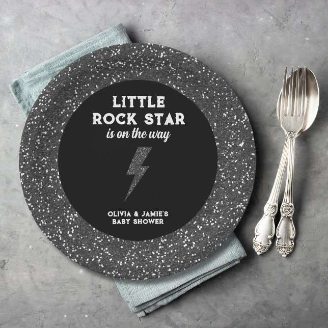 Prato De Papel Pequeno Chá de fraldas Glitter Negra (little rock star baby shower paper plates black glitter flash rock and roll)