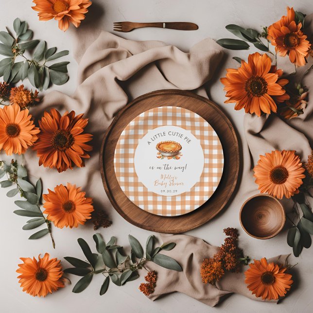 Prato De Papel Pequeno Chá de fraldas Pie Fall Pumpkin Gingham (Little Cutie Pie Baby Shower Paper Plate  )