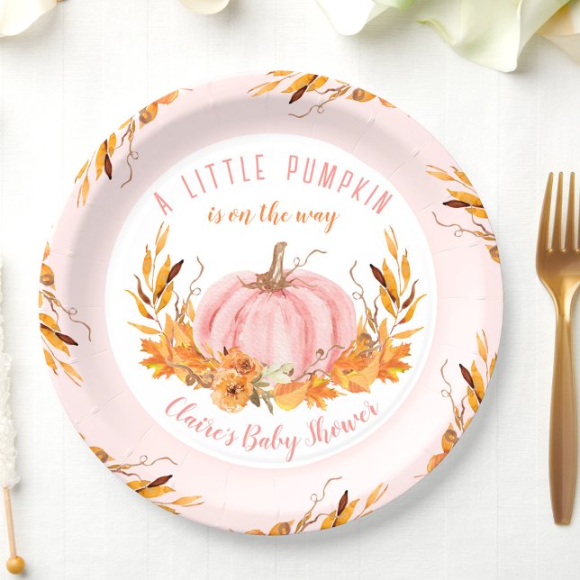 Prato De Papel Pequeno Chá de fraldas Pumpkin Rosa Queda de Outon (Little Pumpkin Pink Fall Autumn Girl Baby Shower Paper Plates)