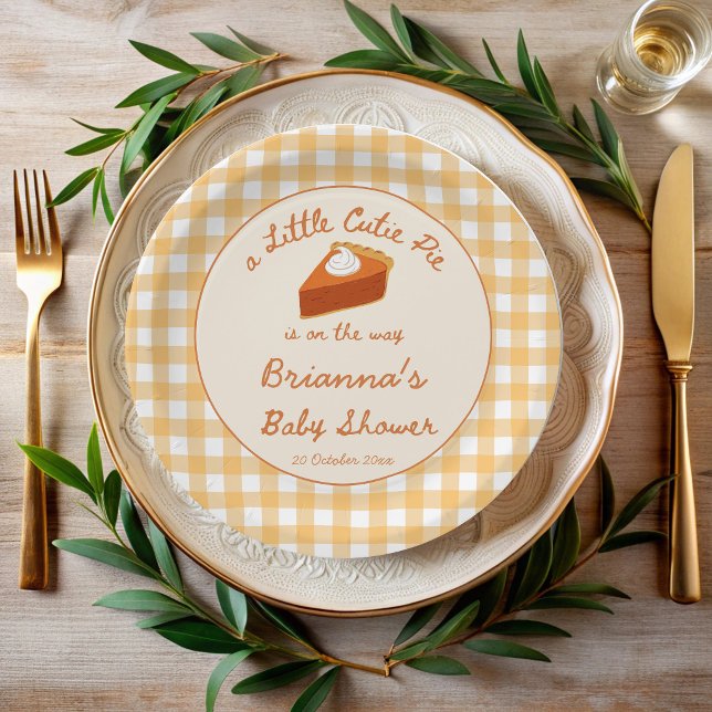 Prato De Papel Pequeno doce torta de abóbora xadrez chá de bebê (Little cutie pumpkin pie orange yellow gingham fall baby shower personalized paper plates)