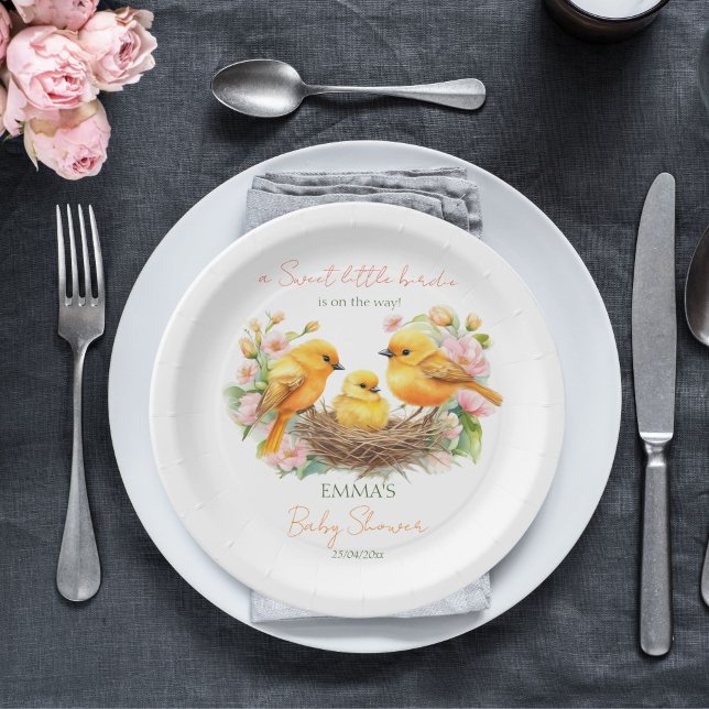 Prato De Papel Pequeno passarinho nascendo em breve primavera chá (Little birdie hatching soon spring baby shower template paper plates personalized tableware canary)
