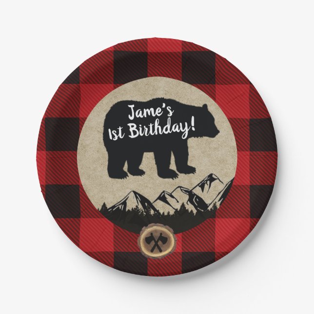 Prato De Papel Pequeno Urso Selvagem Um Flannel Lumberjack Aniver (Frente)