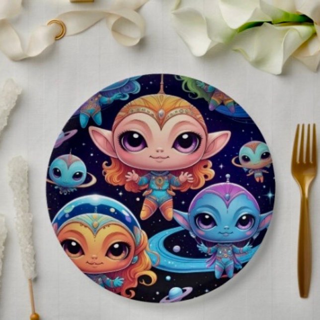 Prato De Papel Pequenos Alienígenas Multicoloridos no Espaço ( Paper Plates Durable paper stock FDA compliant food safety. 

)