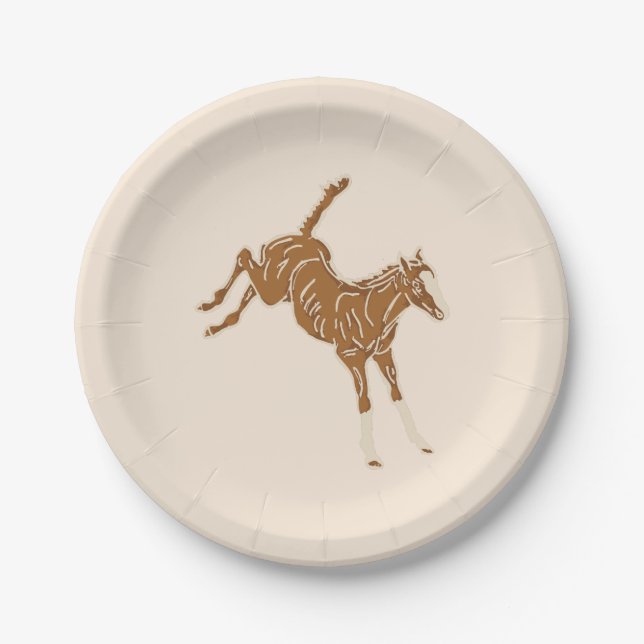 Prato De Papel Pequenos Cavalos Marrons - em cor-de-rosa salmão. (Frente)