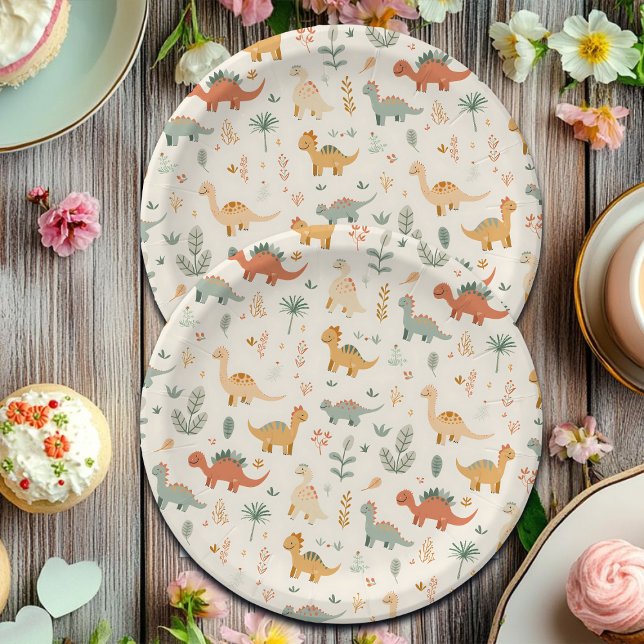 Prato De Papel Pequenos Dinossauros Beige Toneladas Neutrais (Criador carregado)