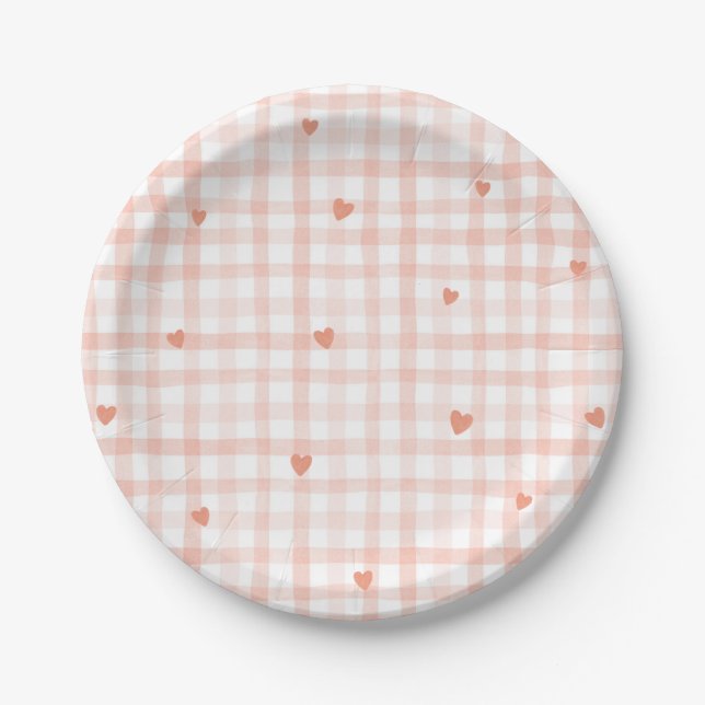 Prato De Papel Pequenos Namorados Rosa Gingham (Frente)