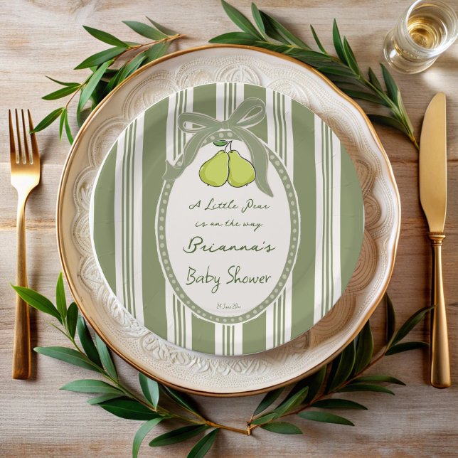 Prato De Papel Pêra verde sálvia listras retrô chá de bebê person (Pear sage green retro stripes baby shower custom paper plates personalized table decor)