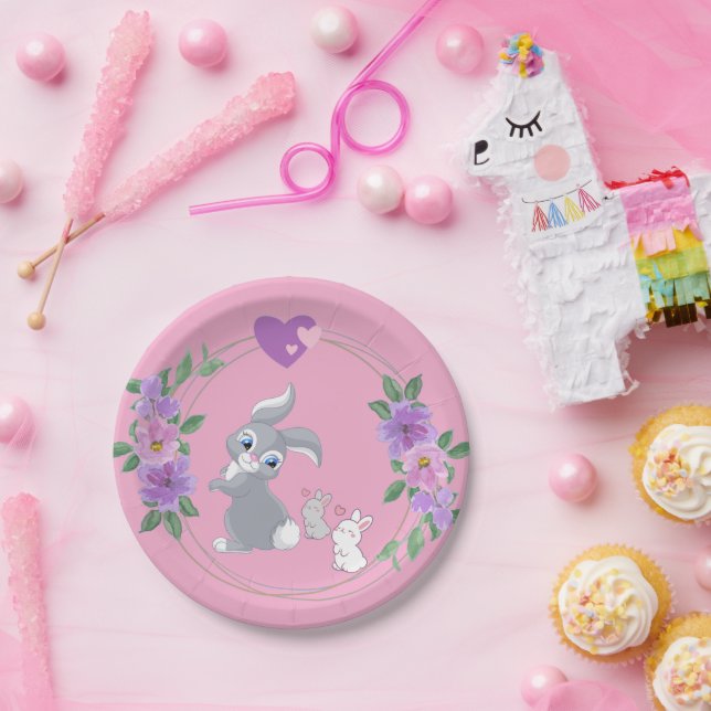 Prato De Papel Perfect Pink Easter Bunny with Babies (Festa)