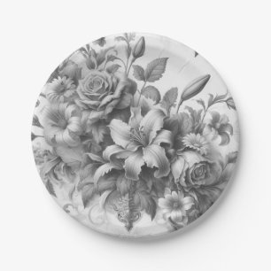 Prato De Papel Perfeição Floral Antiga Preto e Branco