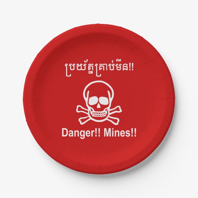 Prato De Papel Perigo! Minas! ☠ Khmer - Sinal ☠ (Frente)