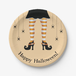 Prato De Papel Pernas de Bruxa Laranja e Aranhas Feliz Halloween