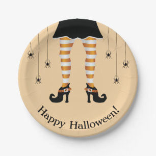 Prato De Papel Pernas de Bruxa Laranja e Aranhas Feliz Halloween