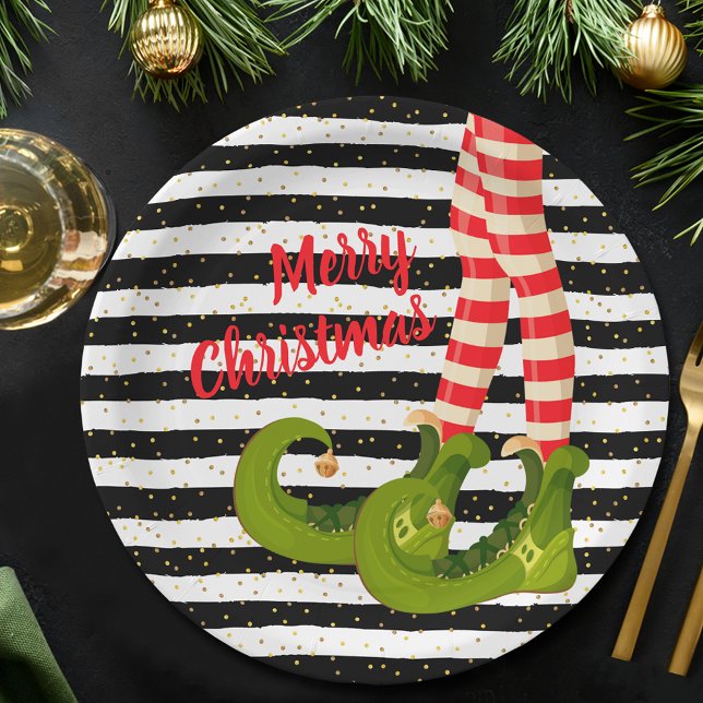 Prato De Papel Pernas do Elfo de Natal, Black and White Strips (Christmas Elf Legs Black and White Stripes Paper Plates)
