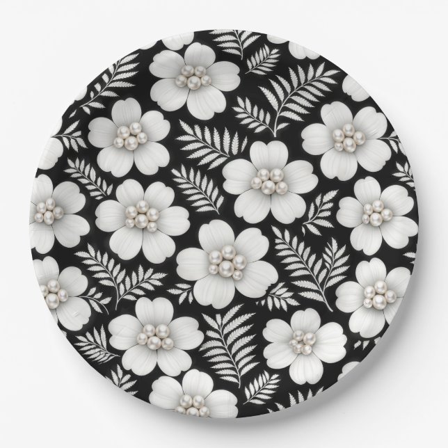 Prato De Papel Pérolas Brancas em Padrão de Flores (Frente)