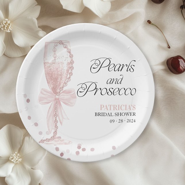 Prato De Papel Pérolas com Laço Rosa e Prosecco Chá de Bebê da No (Criador carregado)