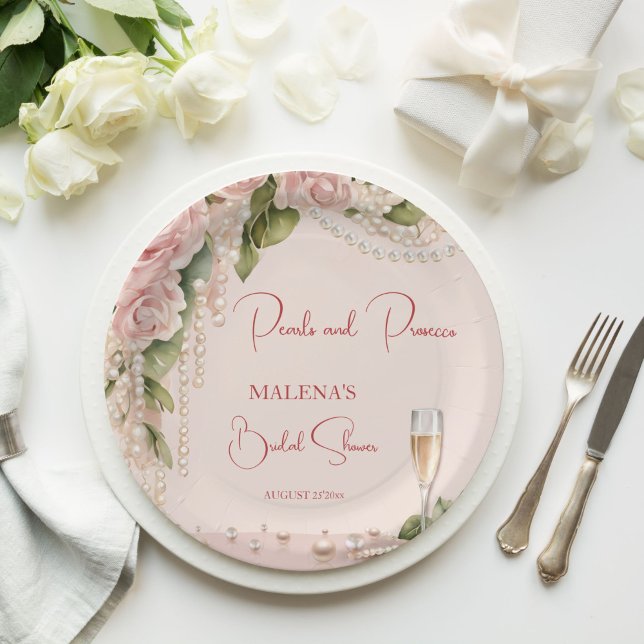 Prato De Papel Pérolas e chá de panela de prosecco com impressão  (Pearls and prosecco bridal shower elegant monogram printed paper plates blush pink roses and pearls)