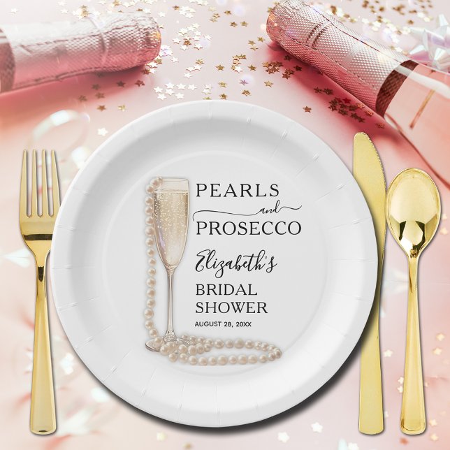 Prato De Papel Pérolas e Chá de panela Prosecco (Pearls and Prosecco bridal shower paper plates)