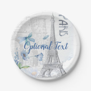Prato De Papel Personalização das Flores Azuis e Cena de Paris 