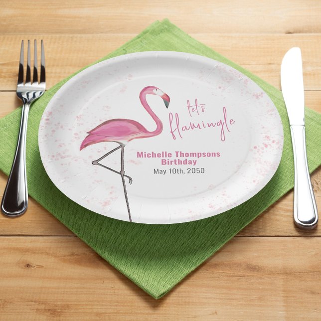 Prato De Papel Personalizado de Flamingo Rosa festa de aniversári (Birthday pink flamingo Paper  plate with watercolor tropical artwork.)