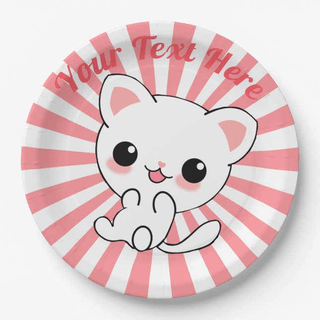 Prato De Papel Personalizado de Kawaii White Kitten (Frente)