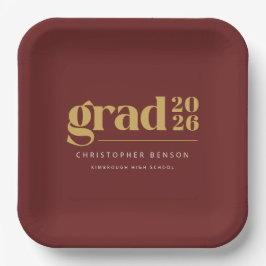 Prato De Papel Personalizado Dourado Vermelho Graduação 2026 Grad
