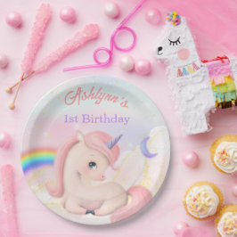 Prato De Papel Personalizado Elegante Fofo Rosa Unicórnio Aquarel